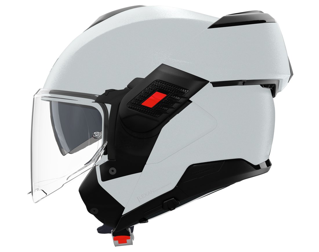Un casque Nolan N120-1 blanc ouvert