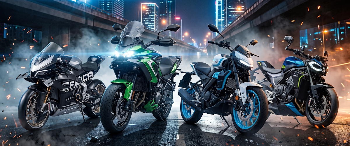 Une image réunissant la CFMOTO V4 SR-RR, la Kawasaki Versys 900, la Yamaha MT-125 2027 et la Triumph 798 Street Triple.