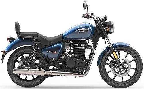 Foto de perfil del Meteor 350 Stellar 2021 en color azul.