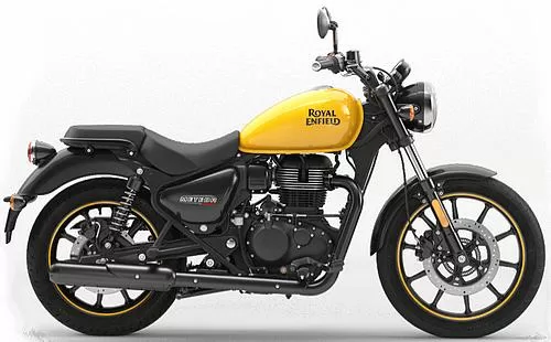 Foto de perfil del Meteor 350 2023 en color amarillo.