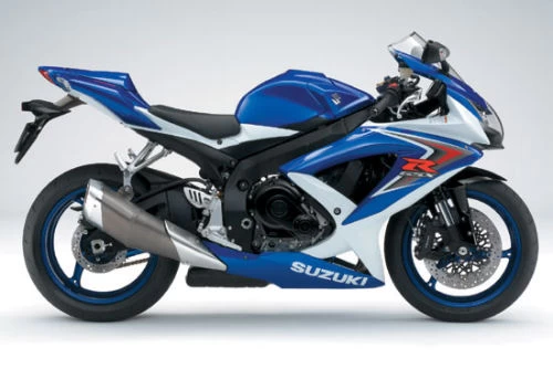 Foto de perfil del 750 GSX-R 2008 en color blanco / azul.