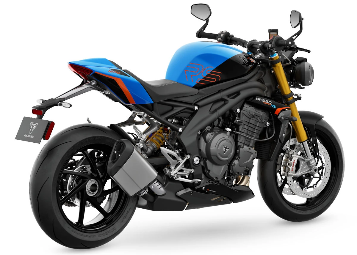 Une moto Triumph Speed Triple 1200 RS 2027 bleue et noire