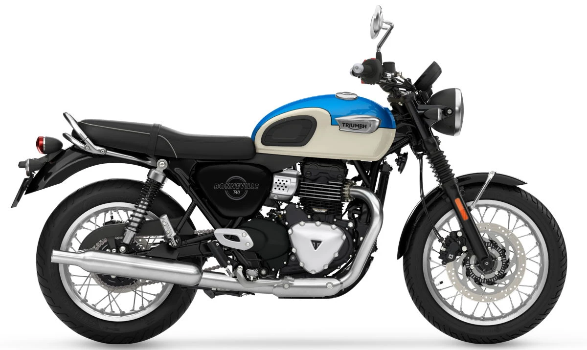 Une moto Triumph Bonneville 400 T40 bleue et blanche
