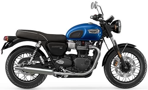 Foto de perfil del 900 Bonneville T 100 Chrome Edition 2023 en color azul.