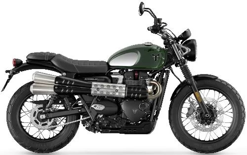 Photo de profil de la 900 Scrambler Chrome Edition 2023 en couleur vert / noir