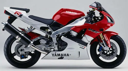 Foto de perfil del YZF-R1 1000 1999 en color rojo / blanco.